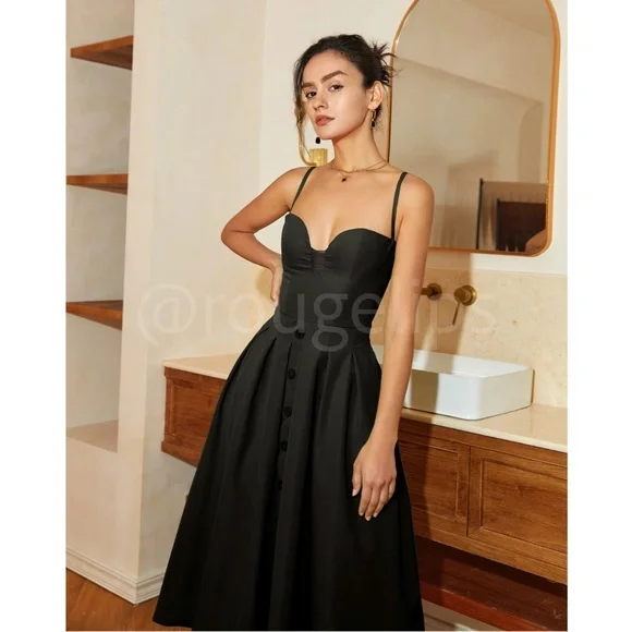 Black Midi Dress Flared Skirt Fitted Bustier Sweetheart Mesh Neckline Cami - Picture 3 of 15